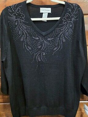 C.D. Petites Black V-Neck Embellished Sweater Top